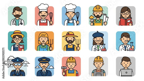 Collection of diverse professional occupation avatars in flat design style.