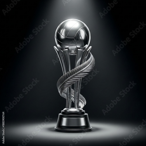  championship trophy for Beach Volleyball, incorporating a volleyball and stylized palm fronds. Rendered in gleaming silver, on a dark, spotlighted background. 