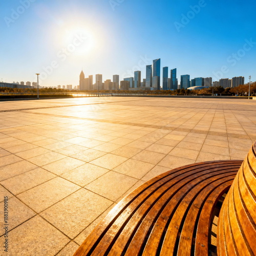 Urban Plaza with Wooden Bench and City Skyline