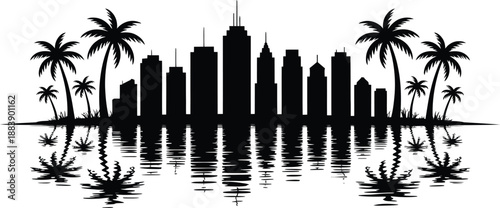 Cityscape with Palm Trees Reflection , city, skyline, palm, trees, reflection, water, silhouette, buildings