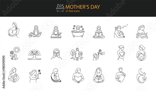 Mother's Day 21 Line Icons Set Vector Graphics Keywords: mother's day, icons, symbols, mother