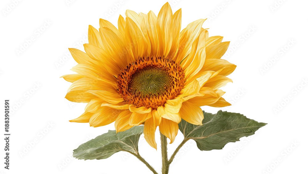 Fototapeta premium Isolated bright yellow sunflower with a green center, stem, and leaf, on black background