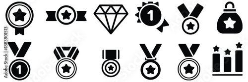 Award icon symbol quality verified prize badge ribbon medal achievement certification vector solid and outline design.