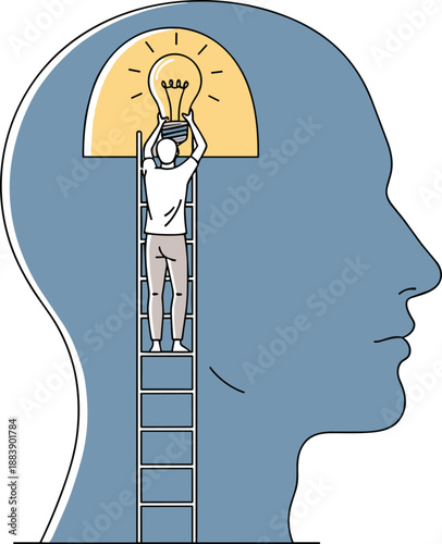 Conceptual illustration of person placing light bulb inside head, creativity and innovation vector artwork