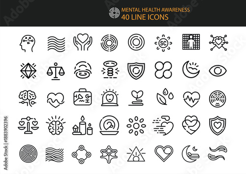 Mental Health Awareness 40 Line Icons Collection Vector Graphics Keywords: mental health