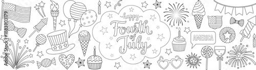 Fourth of july hand drawn outline banner design with patriotic celebration icons stars fireworks and ice cream doodle elements symbols
