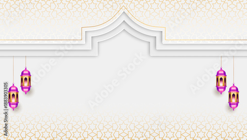 Ramadan Kareem Islamic background white banner. Eid Mubarak luxury template design with 3d arch border