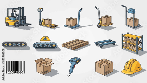 Collection of warehouse and logistics equipment icons.