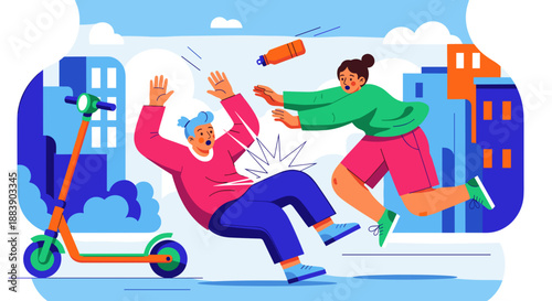 Pedestrian Accident with Electric Scooter on City Street, Illustrating Urban Mobility Incident and Shared Scooter Safety for Traffic Safety Awareness Blogs and Public Transportation Risk