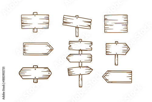 Wooden vector plank sign board doodle set, vector hand drawn timber texture menu arrow panels isolated on white. linear western road information empty pointer kit, announcement frame design