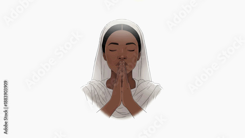 Vector graphics, flat illustration - Young black woman praying with hands clasped in white hijab  