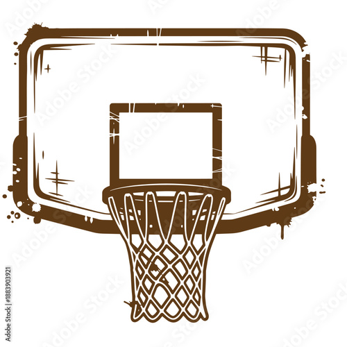 Drawing Vintage grunge  texture Brown basketball hoop with white net and backboard on white background
