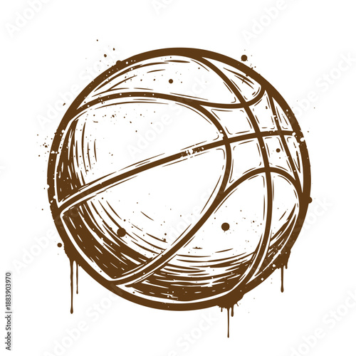 Drawing Vintage grunge  texture Brown basketball with paint splatters and drips on white background  sports equipment and ball