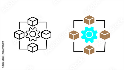 Outline icon set. of a gear connected with cubes, representing blockchain system, decentralized network, digital process, and technology infrastructure.