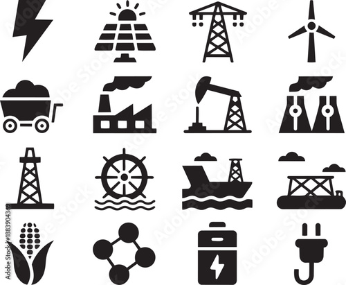 A comprehensive grid of black icons representing various energy sources and industrial power concepts