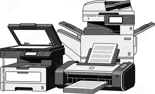 illustration of multiple modern office printers and copiers with paper output in black and white