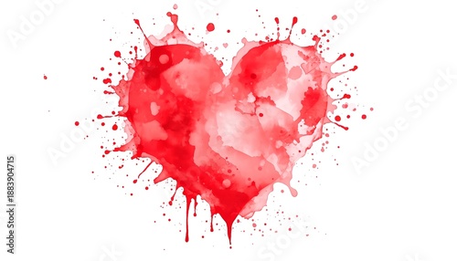 A vibrant red heart made of watercolor paint splatters on a white background