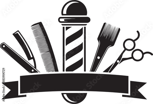 Classic barbershop pole with shaving and grooming tools including a comb, razor, brush, and scissors