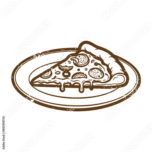 Drawing Vintage grunge  texture Brown illustration of a slice of pizza on a plate with melted cheese and toppings