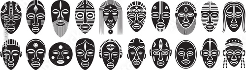 Diverse collection of black and white traditional African tribal masks with unique patterns and features