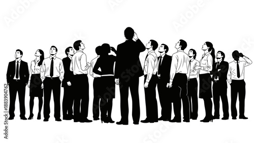 A large group of diverse business people in silhouette looking upwards with focused attention.