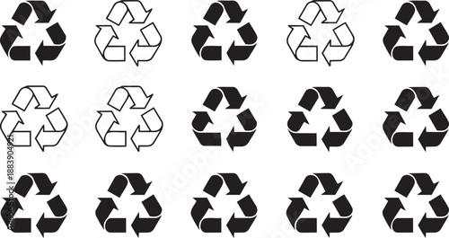 Multiple variations of the universal recycling symbol in solid black and outline on white