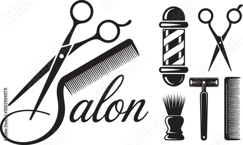 Set of classic black and white tools representing barbershops and professional hair salons