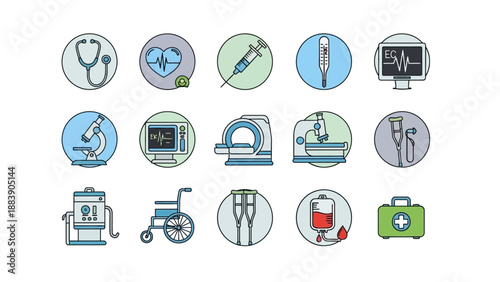 Collection of medical science and healthcare technology icons.