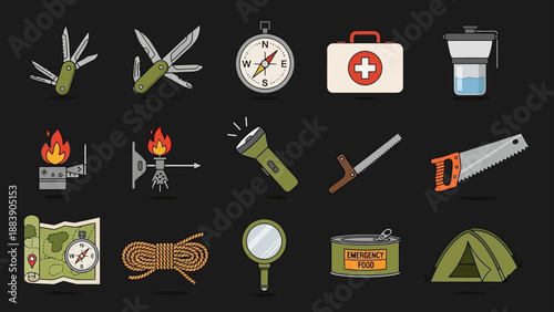 Collection of outdoor survival and camping gear icons on a dark background