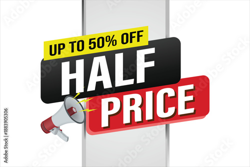 half price sale word mega phone concept vector illustration and 3d style, landing page, template, ui, web, mobile app, poster, banner, flyer, background, gift card, coupon, label, wallpaper

