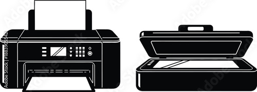 black and white line drawing of modern multifunctional printer scanner and copier device