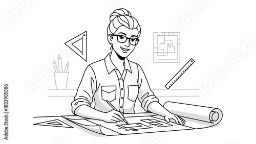 A woman architect or designer working on blueprints with drafting tools.