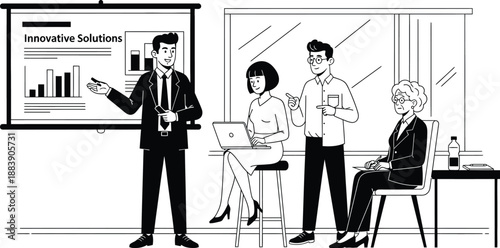 business presentation with diverse team discussing innovative solutions in a modern office setting