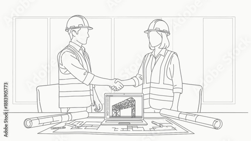 Line art depicting a successful business meeting between two construction industry professionals, featuring blueprints and a digital building design.