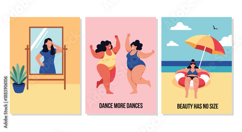 Collection of three body positive posters featuring diverse women celebrating their bodies through self reflection, dancing, and beach fun.