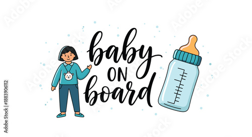Cute baby on board car sticker design featuring a young child and a large baby bottle with playful script lettering on white.