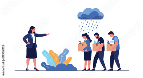 Female boss pointing at the exit while three sad employees carry boxes of belongings away under a raining cloud of job loss.