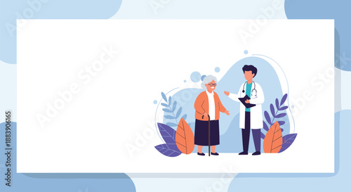 Professional young doctor in a white coat consulting with a senior female patient in a medical clinic with abstract leaf shapes.