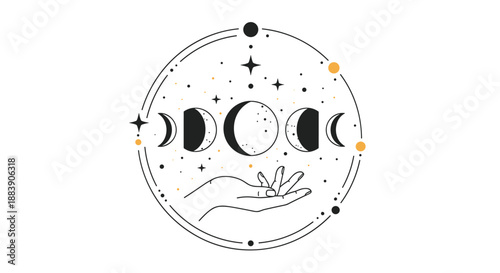 Mystical line art illustration of a hand reaching towards a sequence of moon phases set within a celestial circle adorned with stars.