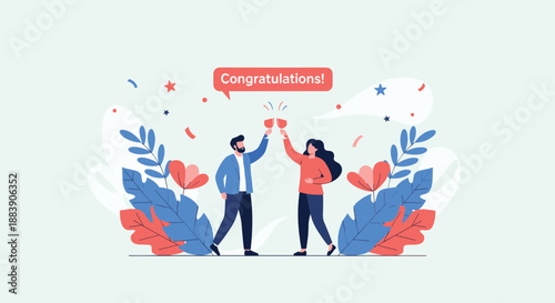 Joyful couple toasting with wine glasses under a speech bubble that says congratulations surrounded by vibrant flowers and leaves.