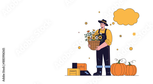 Cheery farmer wearing a hat and overalls holding a basket of fresh flowers standing near big pumpkins with a thought bubble above his head.