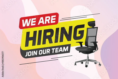 Hiring recruHiring recruitment design for banner poster. We are hiring join our now lettering with chair icon logo sign Vector illustration typographic. Open vacancy template


