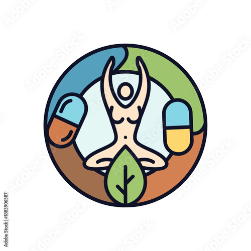 Holistic health symbol featuring a person in meditation with natural elements and supplement capsules representing wellness and