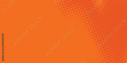 Retro abstract background featuring a gradient from bright orange to deep red-orange. Contrasting large halftone dot patterns on the top left