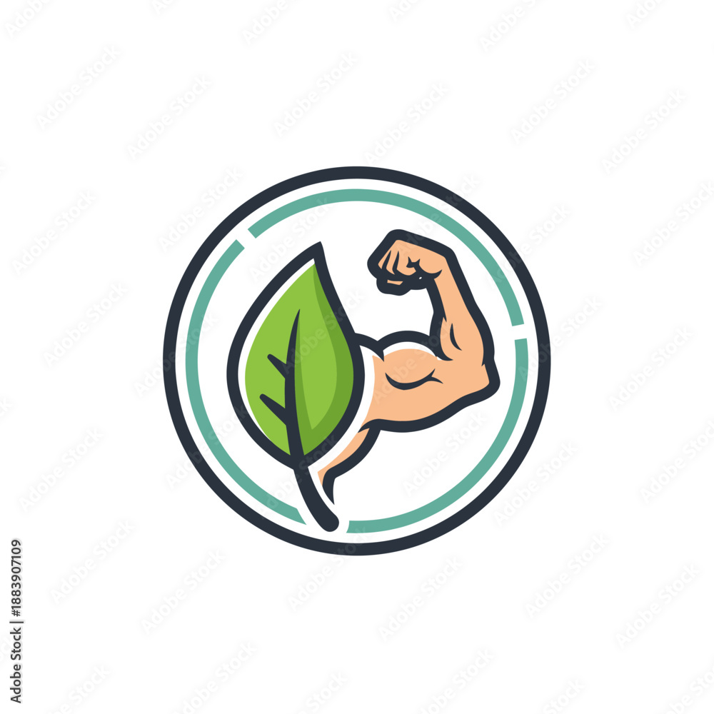 Fototapeta premium eco-friendly fitness icon representing strength and nature connection with plant and muscle symbol for sustainable wellness