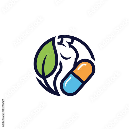 Eco-friendly pill and leaf emblem symbolizing natural medicine and health sustainability in a minimalistic design