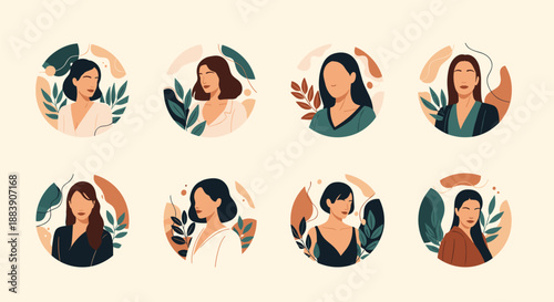 Diverse collection of female avatars presented in circular frames featuring different hairstyles, skin tones, and outfits in a modern art style.