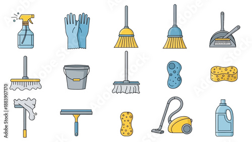Collection of cleaning supplies and equipment.