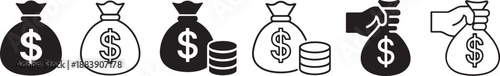 Money bag outline and bold icon set in silhouette style for finance, banking, UI and design use.