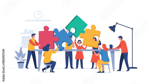 Business Team Collaborating on Puzzle Pieces for Solution